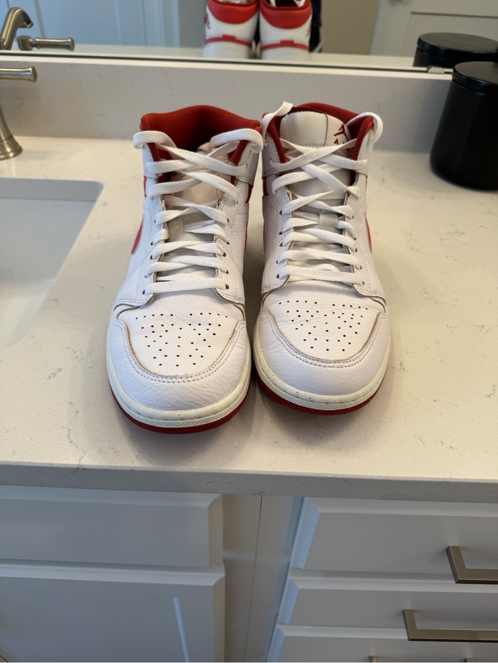 Nike Air Jordan 1 Mid SE White and Red Mid Top Men’s Sneakers